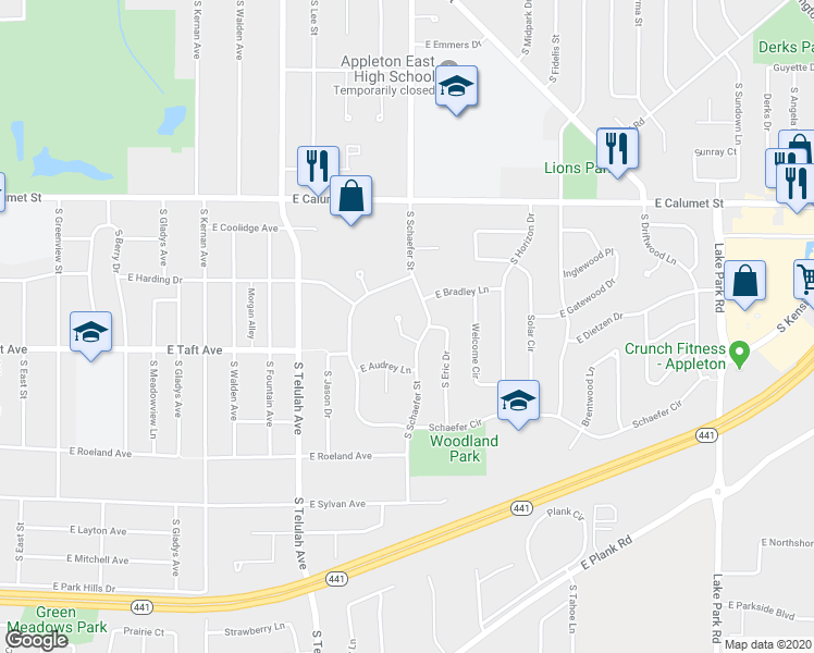 map of restaurants, bars, coffee shops, grocery stores, and more near 51 Gloria Court in Appleton