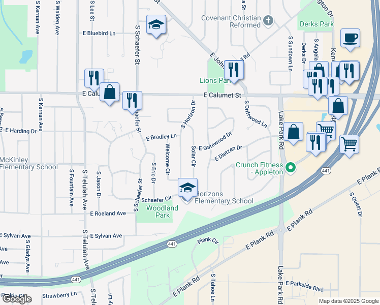 map of restaurants, bars, coffee shops, grocery stores, and more near 25 Solar Circle in Appleton