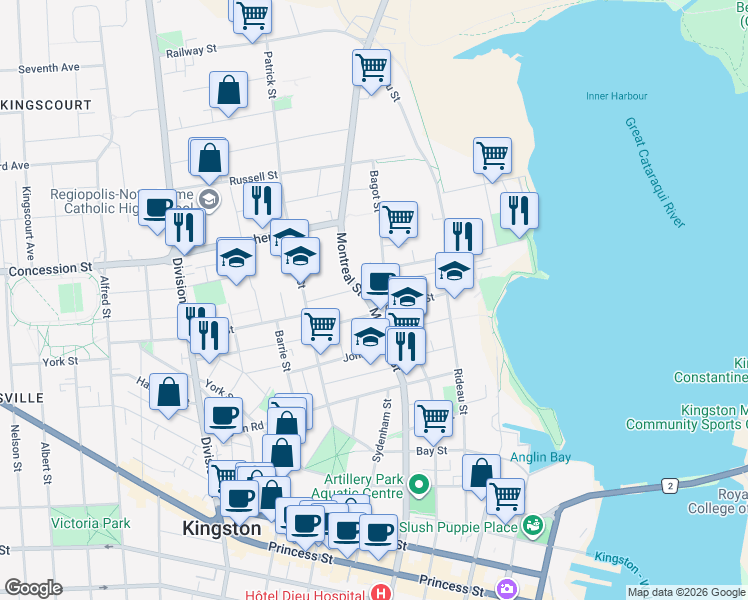 map of restaurants, bars, coffee shops, grocery stores, and more near 317 Montreal Street in Kingston