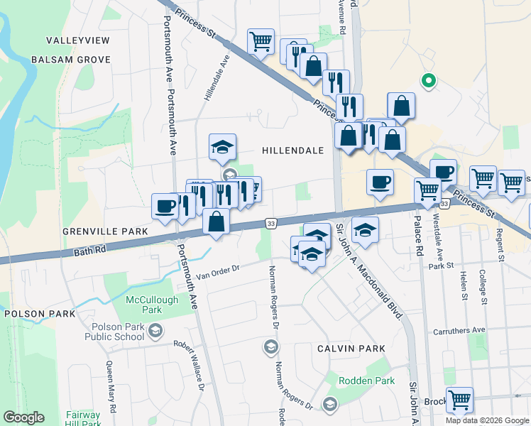 map of restaurants, bars, coffee shops, grocery stores, and more near 257 Bath Road in Kingston