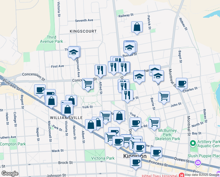 map of restaurants, bars, coffee shops, grocery stores, and more near 237 Adelaide Street in Kingston