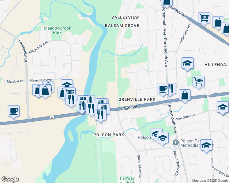 map of restaurants, bars, coffee shops, grocery stores, and more near 358 Queen Mary Road in Kingston