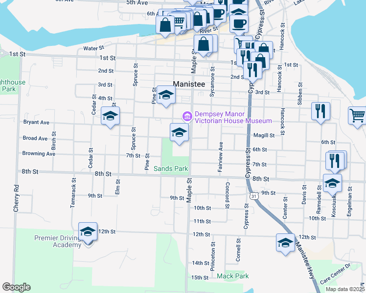 map of restaurants, bars, coffee shops, grocery stores, and more near 550 Maple Street in Manistee