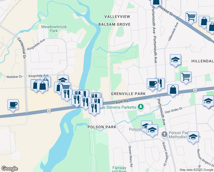map of restaurants, bars, coffee shops, grocery stores, and more near 358 Queen Mary Road in Kingston