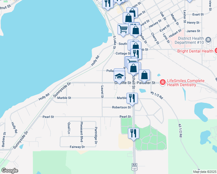 map of restaurants, bars, coffee shops, grocery stores, and more near 200-298 Granite Street in Cadillac