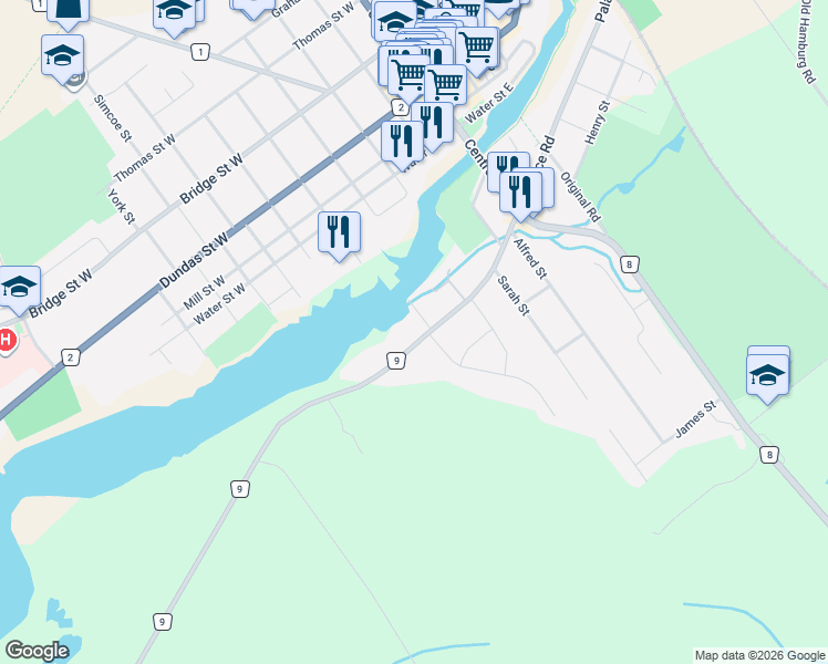 map of restaurants, bars, coffee shops, grocery stores, and more near 79 River Road in Napanee