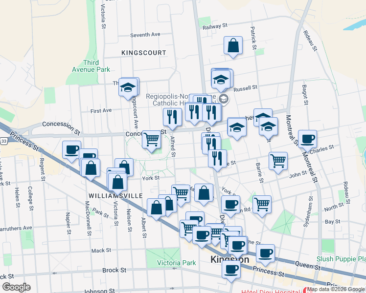 map of restaurants, bars, coffee shops, grocery stores, and more near 246 Adelaide Street in Kingston