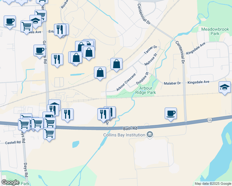 map of restaurants, bars, coffee shops, grocery stores, and more near 590 Arbour Crescent in Kingston