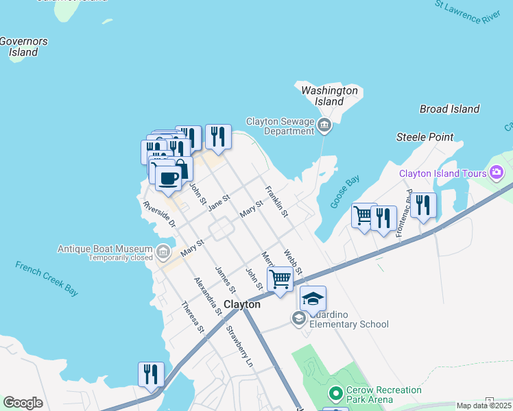 map of restaurants, bars, coffee shops, grocery stores, and more near Mary Street & Webb Street in Clayton