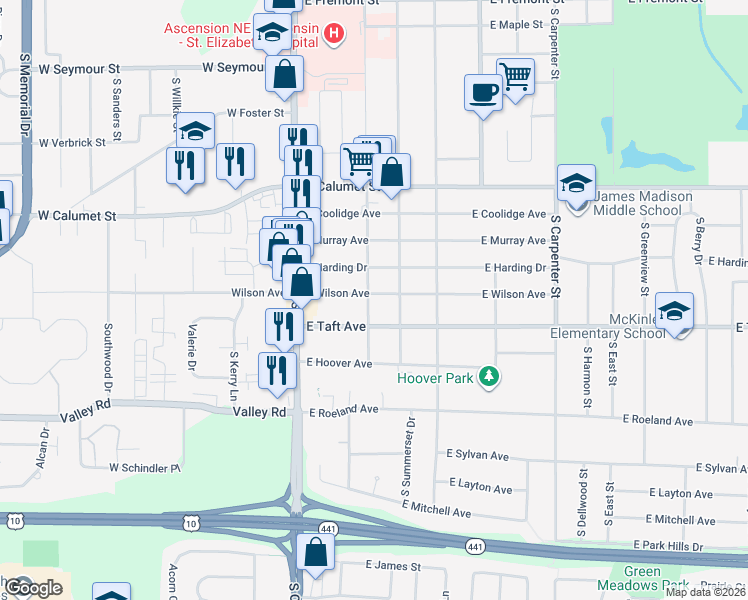 map of restaurants, bars, coffee shops, grocery stores, and more near 236 East Wilson Avenue in Appleton