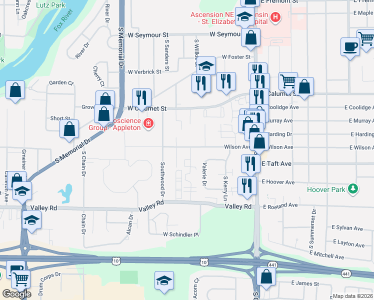 map of restaurants, bars, coffee shops, grocery stores, and more near 2405 Honey Lou Court in Appleton