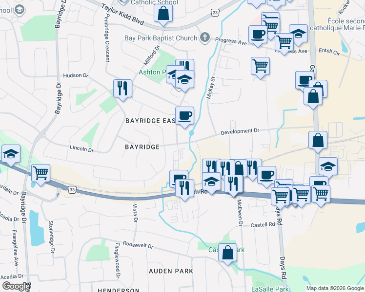 map of restaurants, bars, coffee shops, grocery stores, and more near 809 Development Drive in Kingston