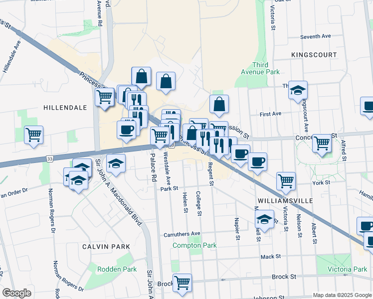 map of restaurants, bars, coffee shops, grocery stores, and more near in Kingston