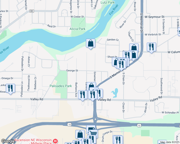 map of restaurants, bars, coffee shops, grocery stores, and more near 1220 George Street in Appleton