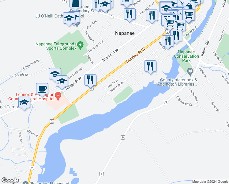 map of restaurants, bars, coffee shops, grocery stores, and more near 255 Water Street West in Napanee