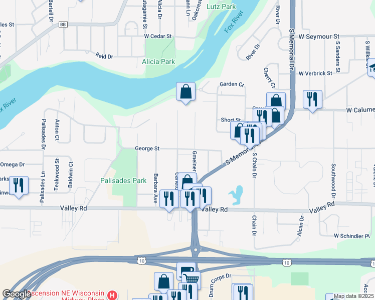 map of restaurants, bars, coffee shops, grocery stores, and more near 1220 George Street in Appleton