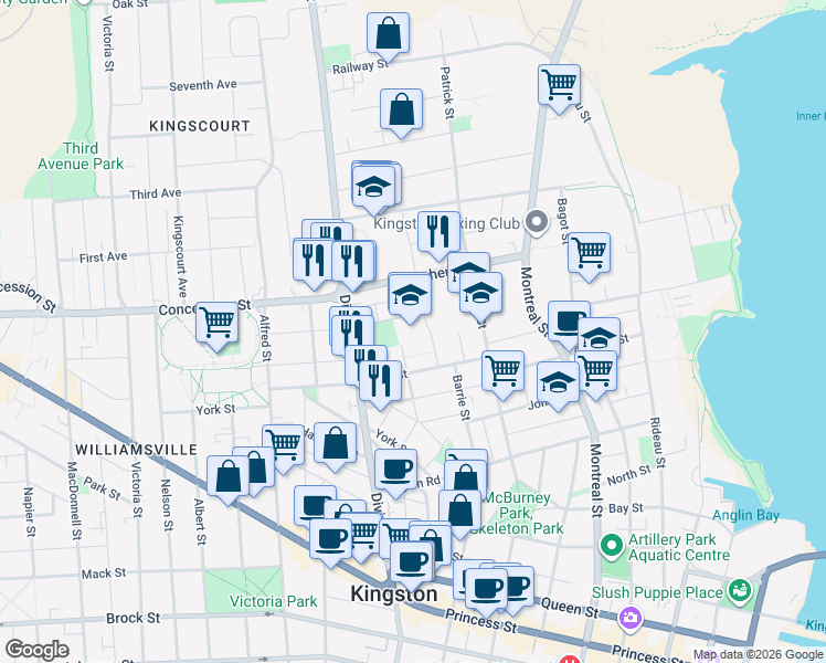 map of restaurants, bars, coffee shops, grocery stores, and more near 38 Cowdy Street in Kingston