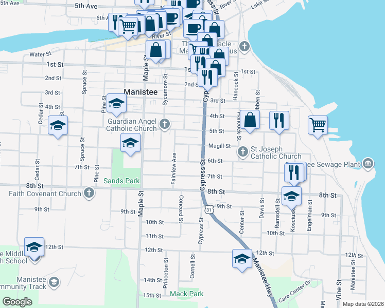 map of restaurants, bars, coffee shops, grocery stores, and more near 10 Lynn Court in Manistee