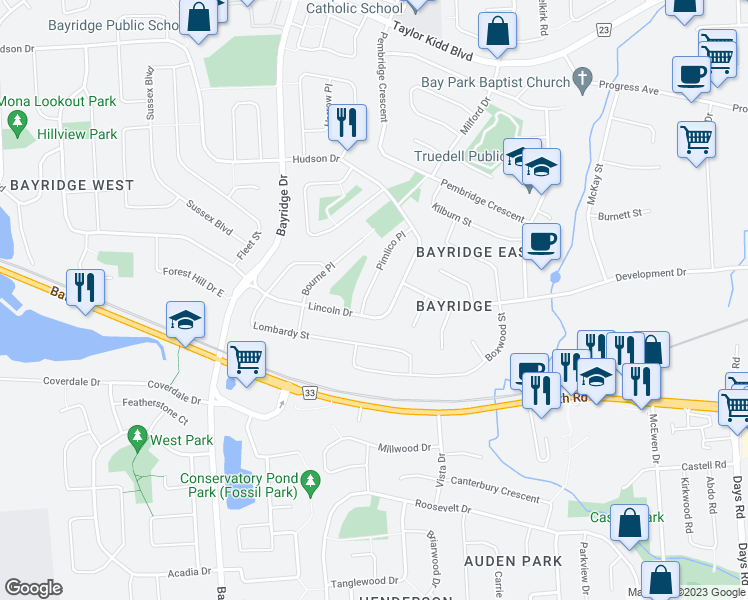 map of restaurants, bars, coffee shops, grocery stores, and more near 608 Pimlico Place in Kingston