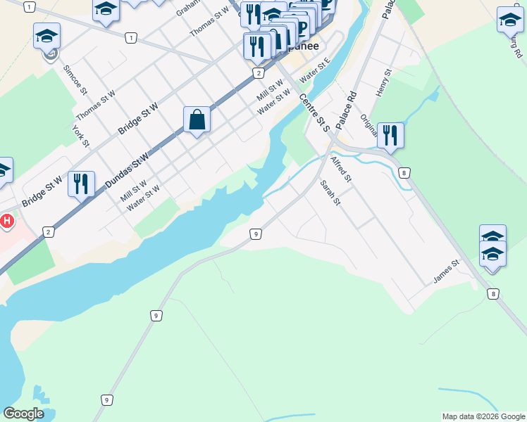 map of restaurants, bars, coffee shops, grocery stores, and more near 71 River Road in Napanee