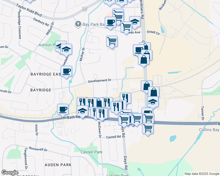 map of restaurants, bars, coffee shops, grocery stores, and more near 745 Development Drive in Kingston