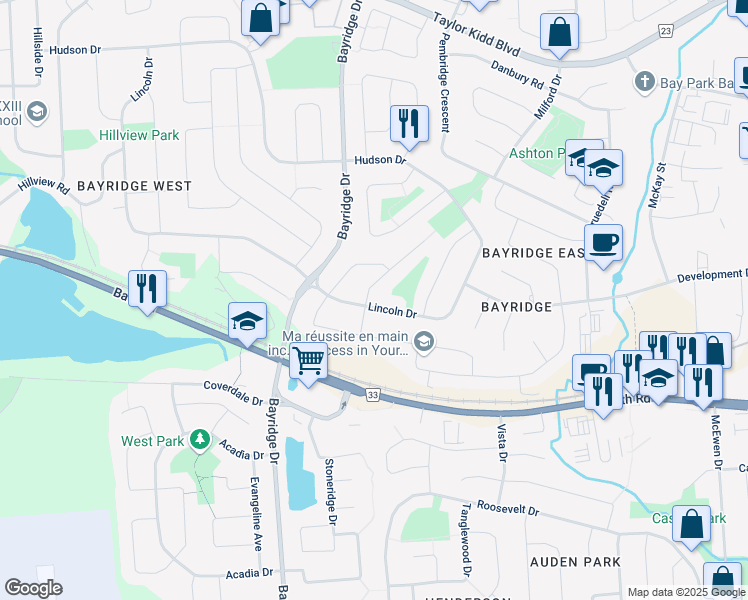map of restaurants, bars, coffee shops, grocery stores, and more near 576 Bourne Place in Kingston