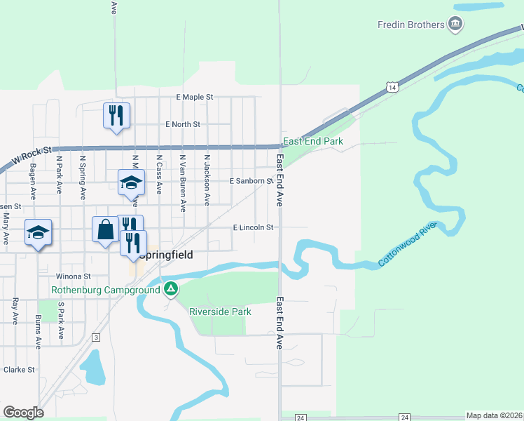 map of restaurants, bars, coffee shops, grocery stores, and more near 117 North Washington Avenue in Springfield