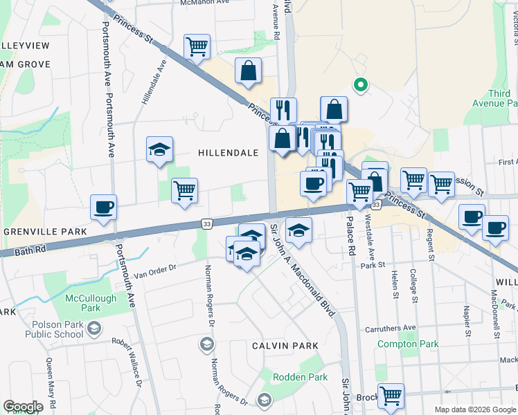 map of restaurants, bars, coffee shops, grocery stores, and more near 175 Bath Road in Kingston