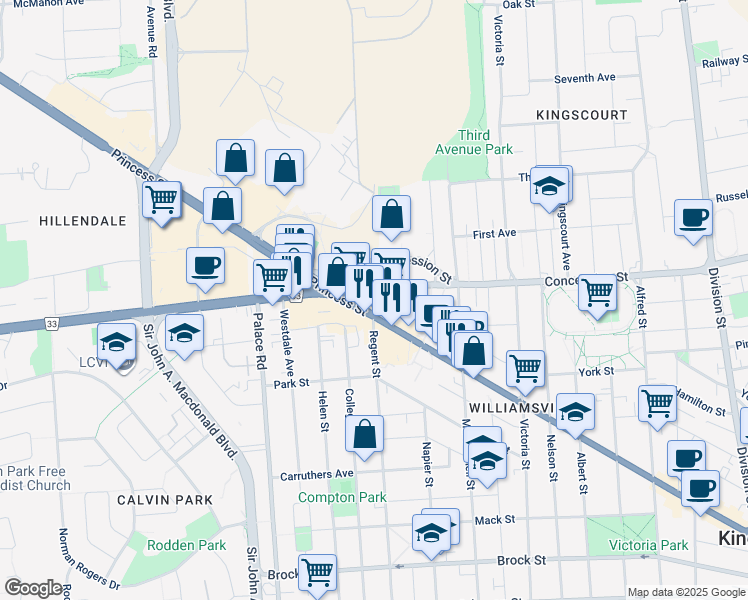 map of restaurants, bars, coffee shops, grocery stores, and more near in Kingston
