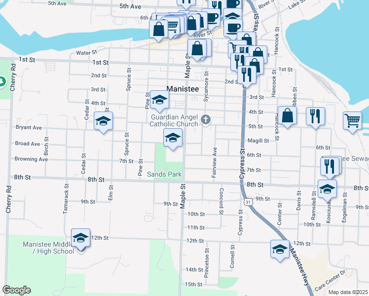 map of restaurants, bars, coffee shops, grocery stores, and more near 550 Maple Street in Manistee