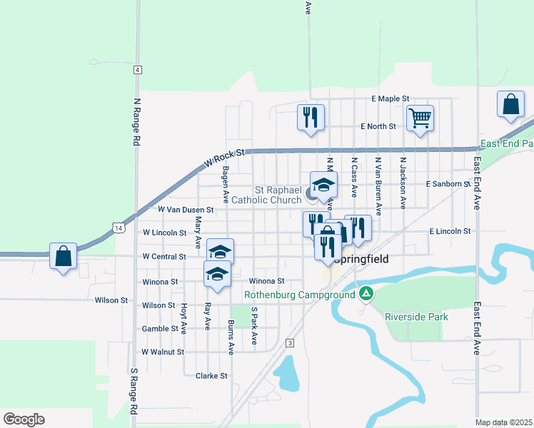 map of restaurants, bars, coffee shops, grocery stores, and more near 210 West Van Dusen Street in Springfield