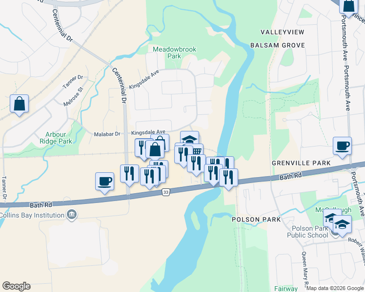 map of restaurants, bars, coffee shops, grocery stores, and more near 561 Armstrong Road in Kingston