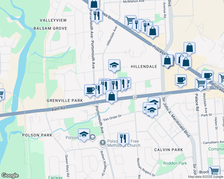 map of restaurants, bars, coffee shops, grocery stores, and more near 294 Elmwood Street in Kingston