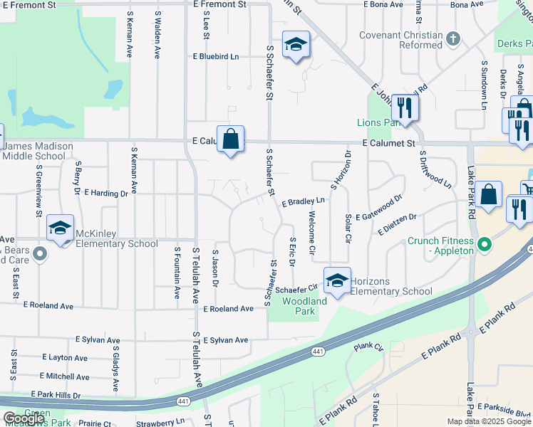 map of restaurants, bars, coffee shops, grocery stores, and more near 39 Gloria Court in Appleton