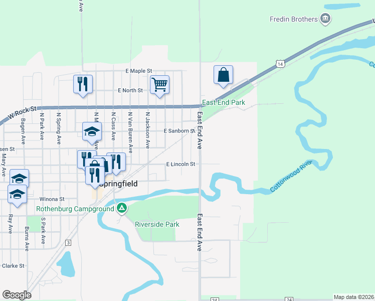 map of restaurants, bars, coffee shops, grocery stores, and more near 117 North Washington Avenue in Springfield