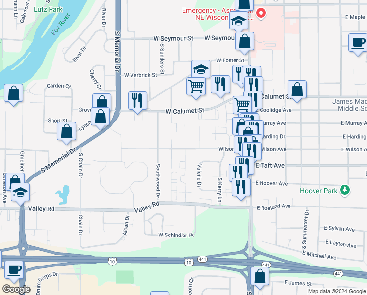 map of restaurants, bars, coffee shops, grocery stores, and more near in Winnebago County