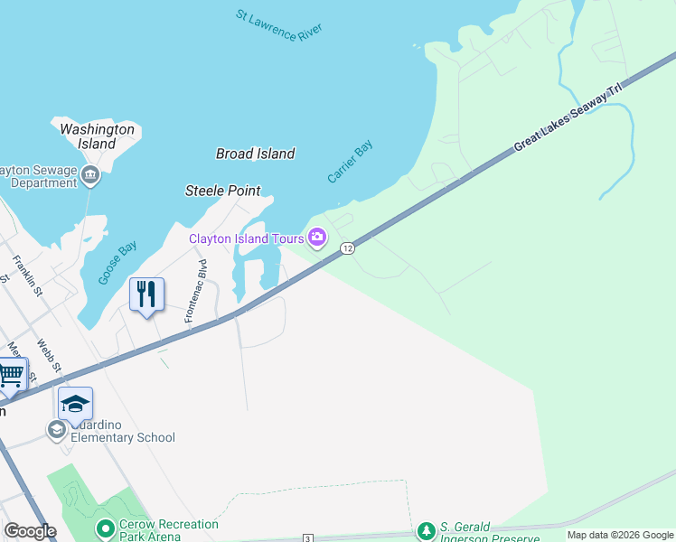 map of restaurants, bars, coffee shops, grocery stores, and more near 39612 New York 12 in Clayton