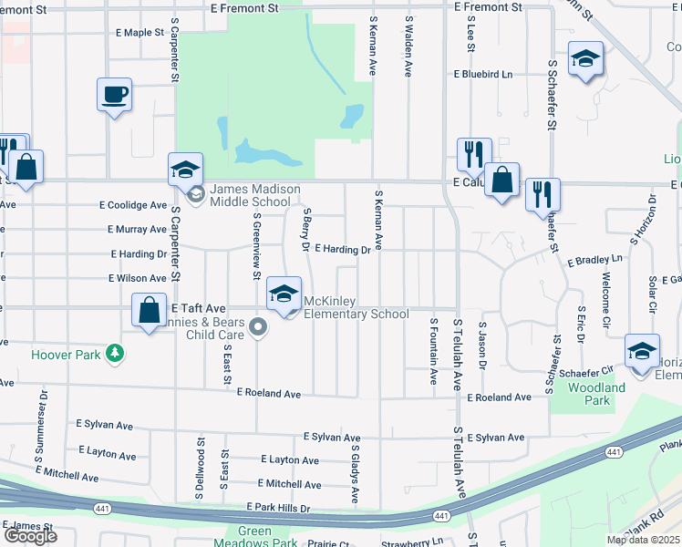map of restaurants, bars, coffee shops, grocery stores, and more near 2330 Meadowview Lane in Appleton