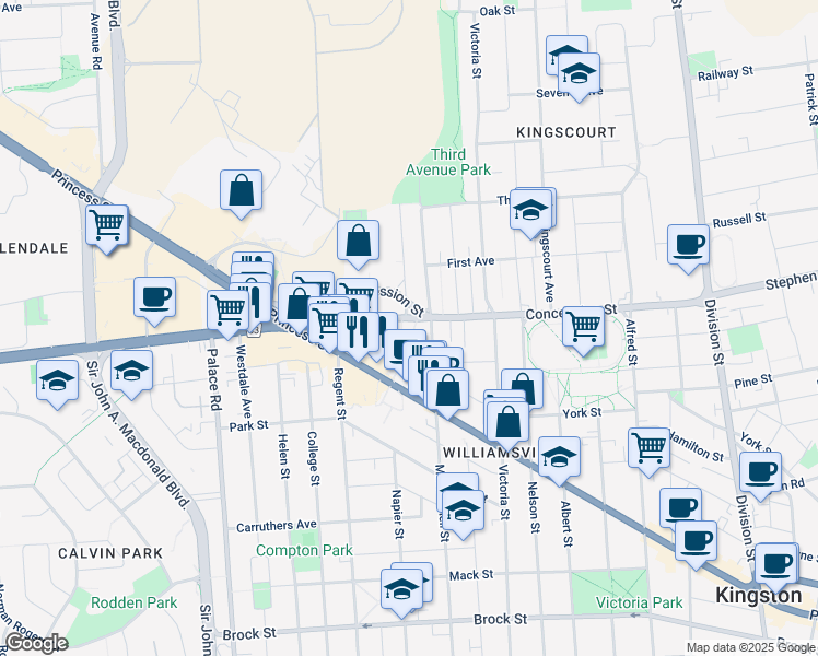 map of restaurants, bars, coffee shops, grocery stores, and more near in Kingston