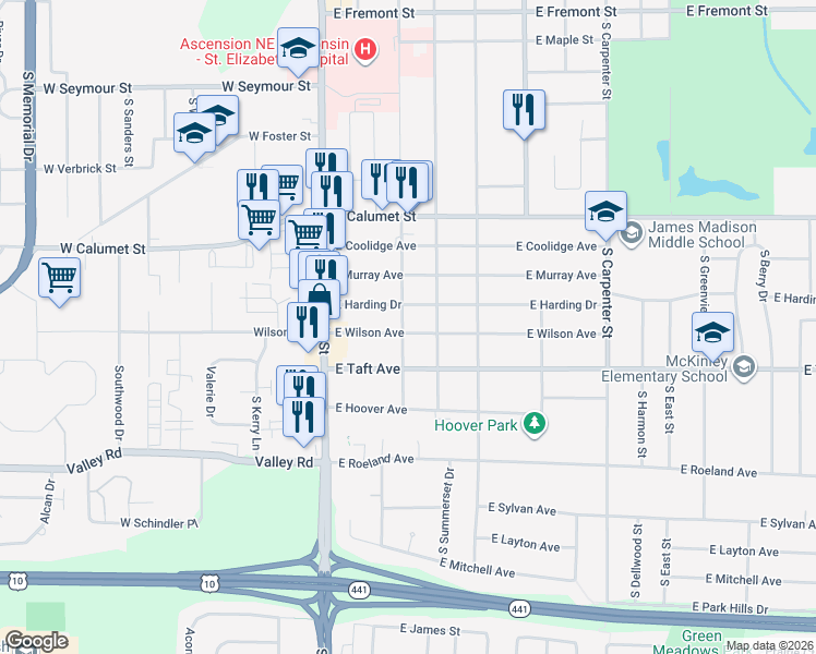 map of restaurants, bars, coffee shops, grocery stores, and more near 236 East Wilson Avenue in Appleton