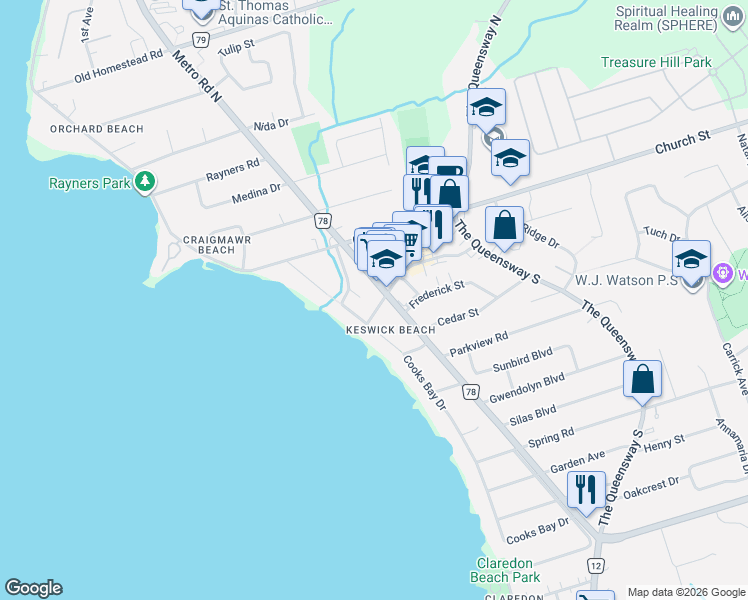 map of restaurants, bars, coffee shops, grocery stores, and more near 236 Simcoe Avenue in Georgina