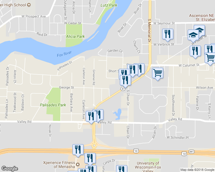 map of restaurants, bars, coffee shops, grocery stores, and more near 1000 Red Oak Lane in Appleton