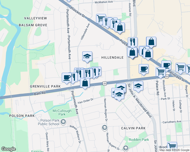 map of restaurants, bars, coffee shops, grocery stores, and more near 260 Elmwood Street in Kingston