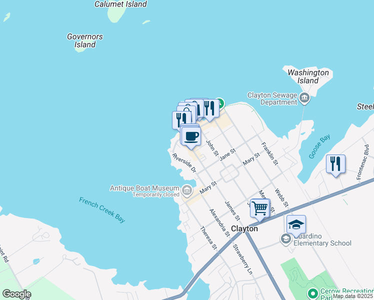 map of restaurants, bars, coffee shops, grocery stores, and more near 230 James Street in Clayton