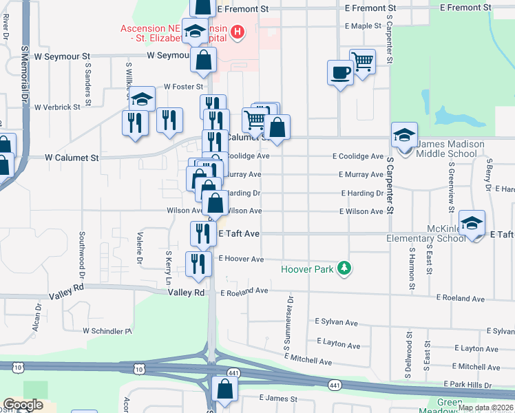 map of restaurants, bars, coffee shops, grocery stores, and more near 236 East Wilson Avenue in Appleton