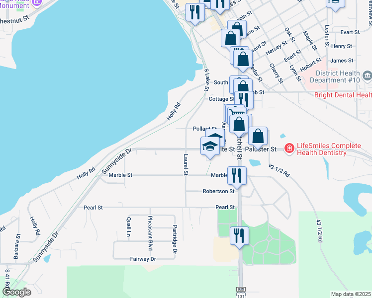 map of restaurants, bars, coffee shops, grocery stores, and more near 298 Granite Street in Cadillac