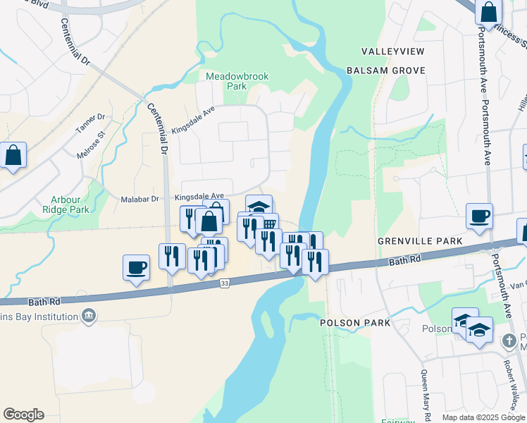 map of restaurants, bars, coffee shops, grocery stores, and more near 573 Armstrong Road in Kingston