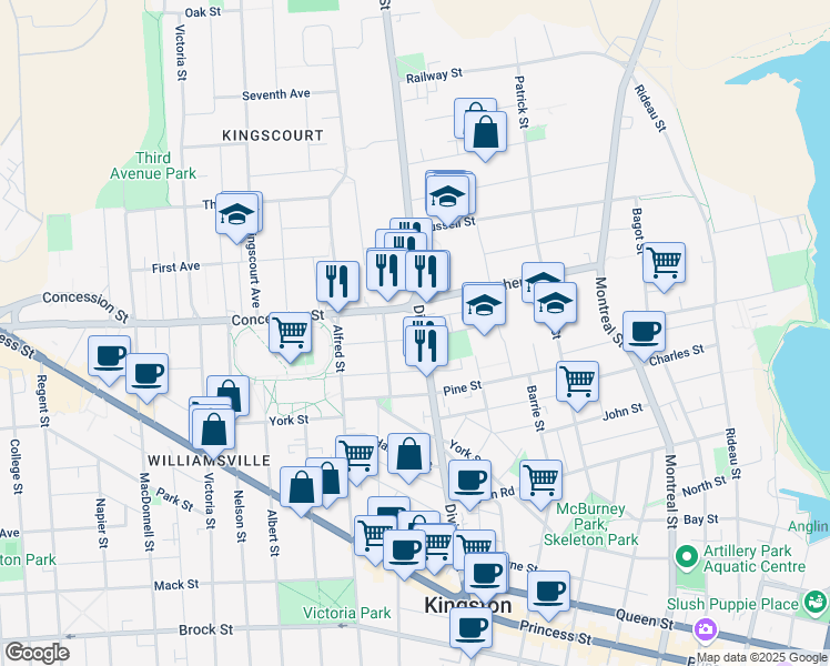 map of restaurants, bars, coffee shops, grocery stores, and more near 205 Adelaide Street in Kingston