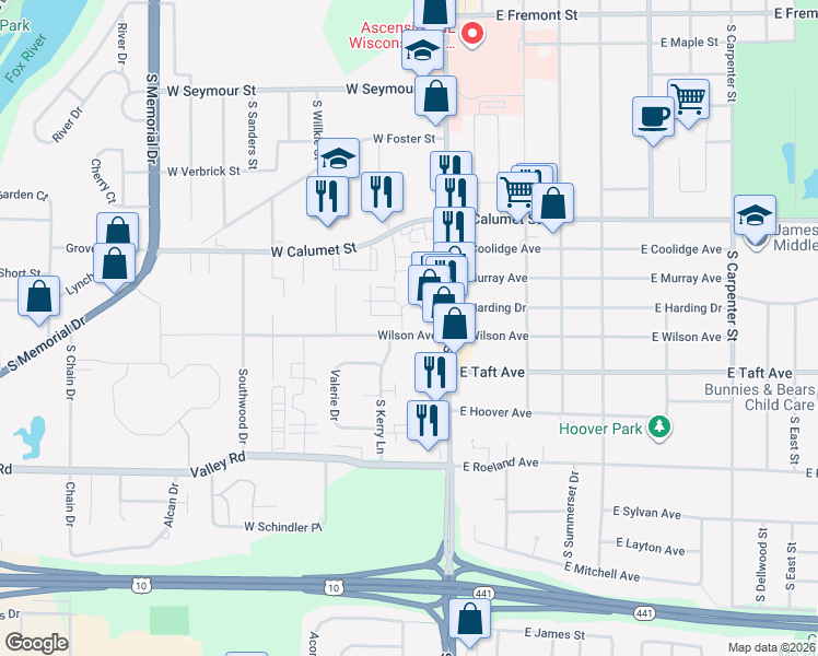map of restaurants, bars, coffee shops, grocery stores, and more near 114 Wilson Avenue in Appleton