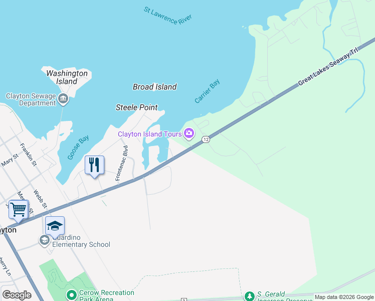 map of restaurants, bars, coffee shops, grocery stores, and more near 39612 New York 12 in Clayton